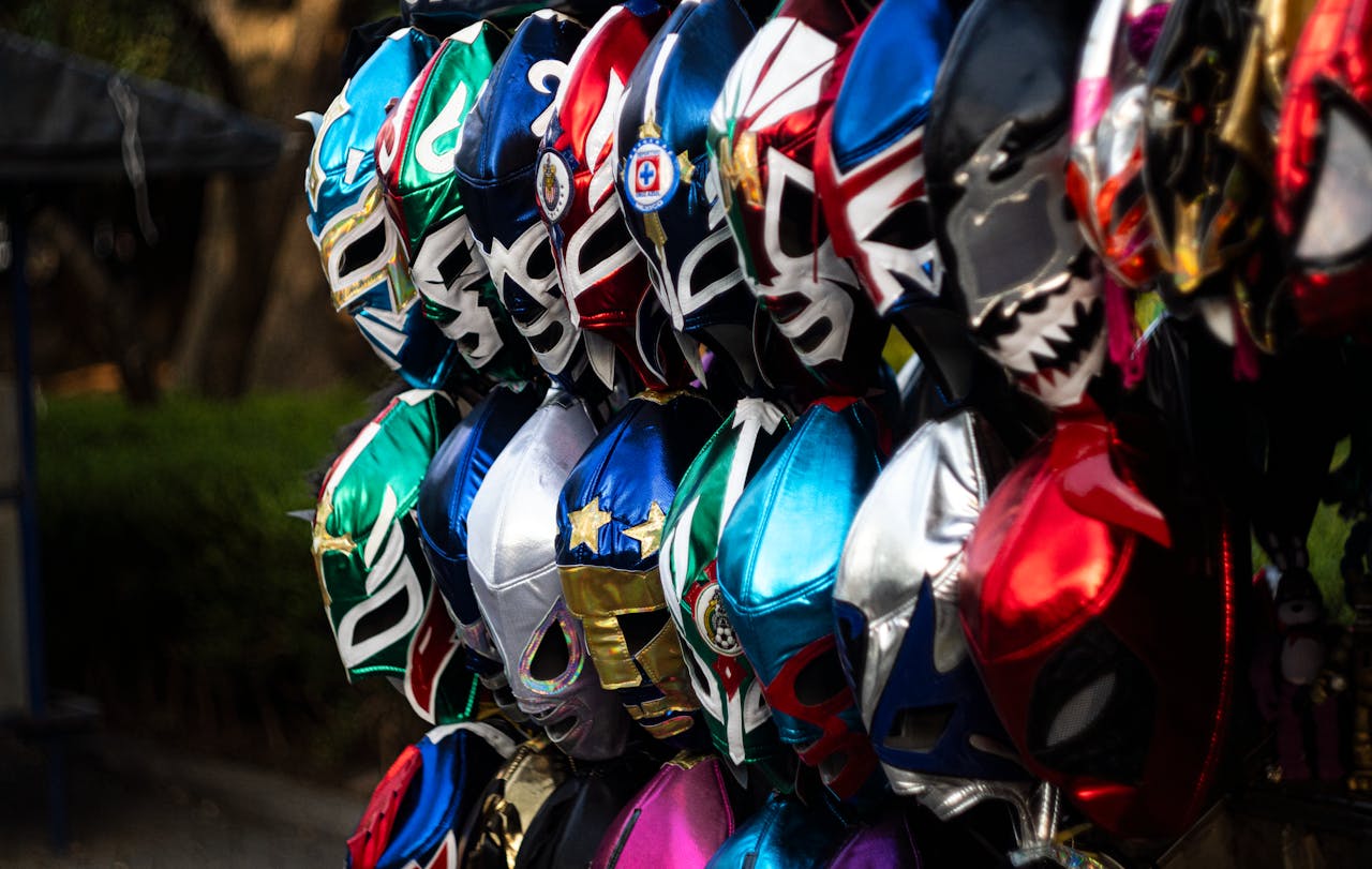 Textile Festival Masks Hanging in Rows